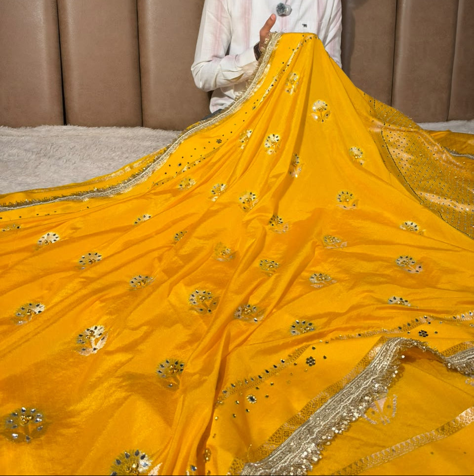Yellow Soft Georgette Ghungroo Mirror Work Saree