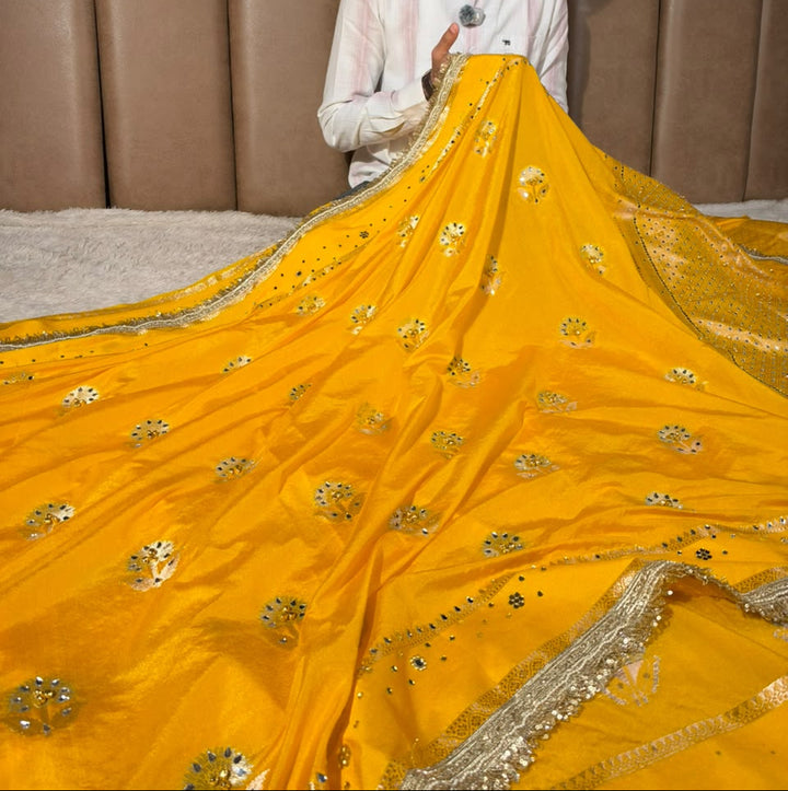 Yellow Soft Georgette Ghungroo Mirror Work Saree