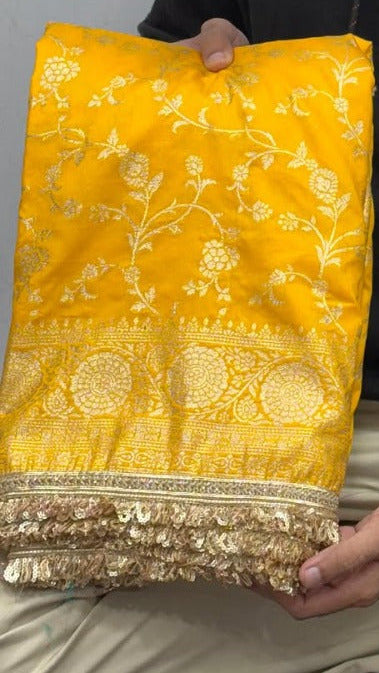 Yellow Chiniya Silk Designer Rich Lace Attached Banarasi Saree