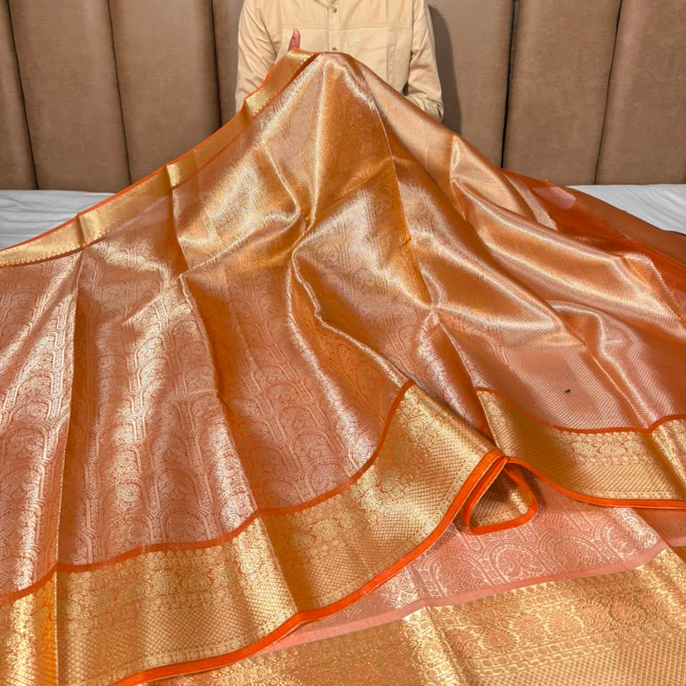 Metallic Orange Kanjivaram Tissue Saree