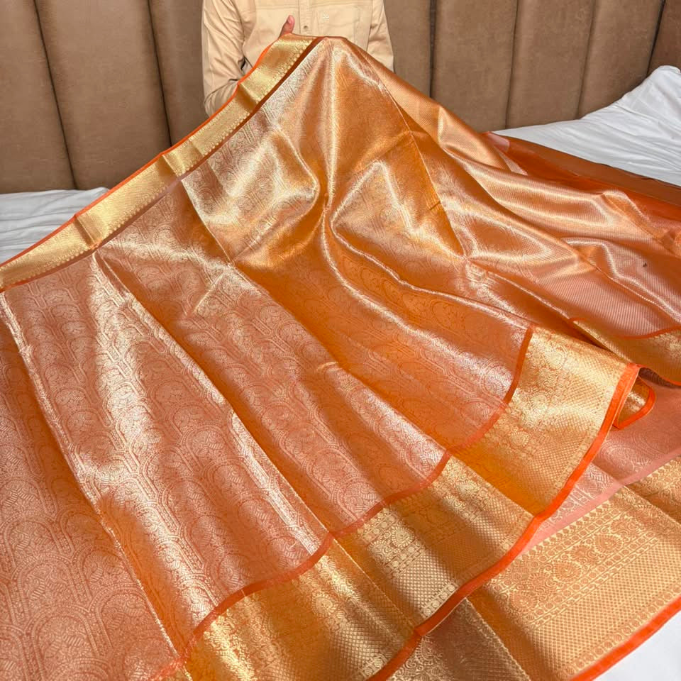 Metallic Orange Kanjivaram Tissue Saree