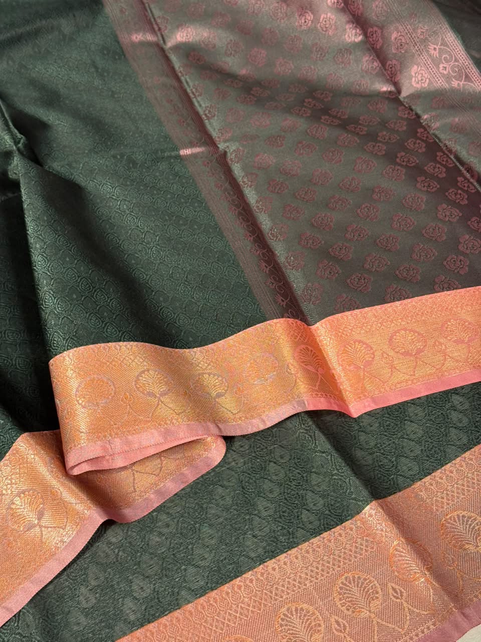 Bottle Green Kanchi Kora Embossed Saree