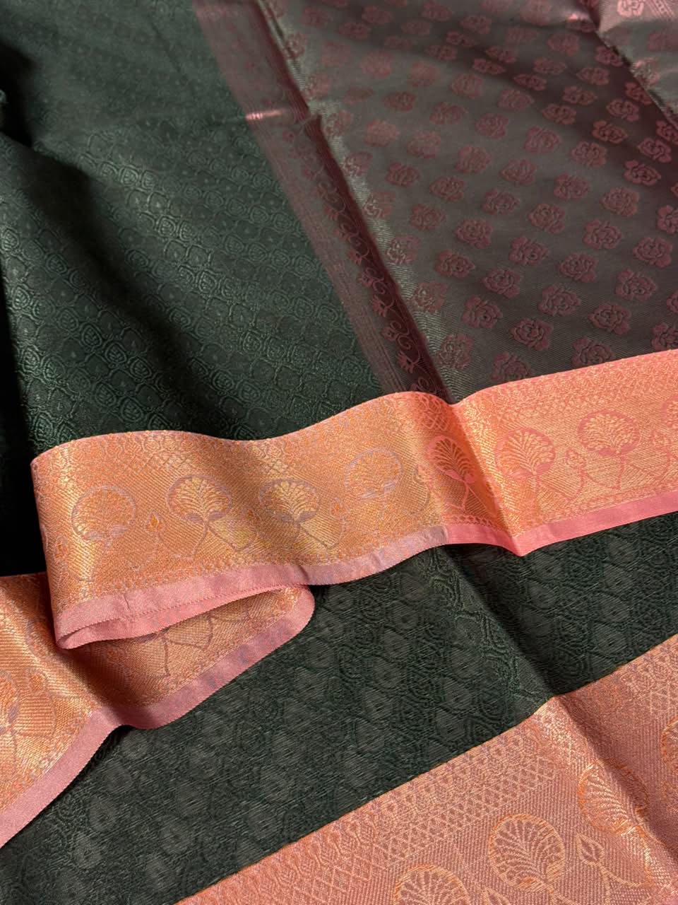 Bottle Green Kanchi Kora Embossed Saree