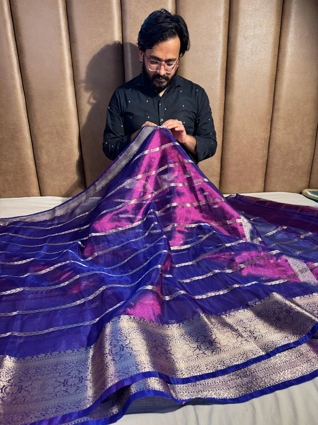 baigani shade premium tissue silk saree with zari pallu and blouse
