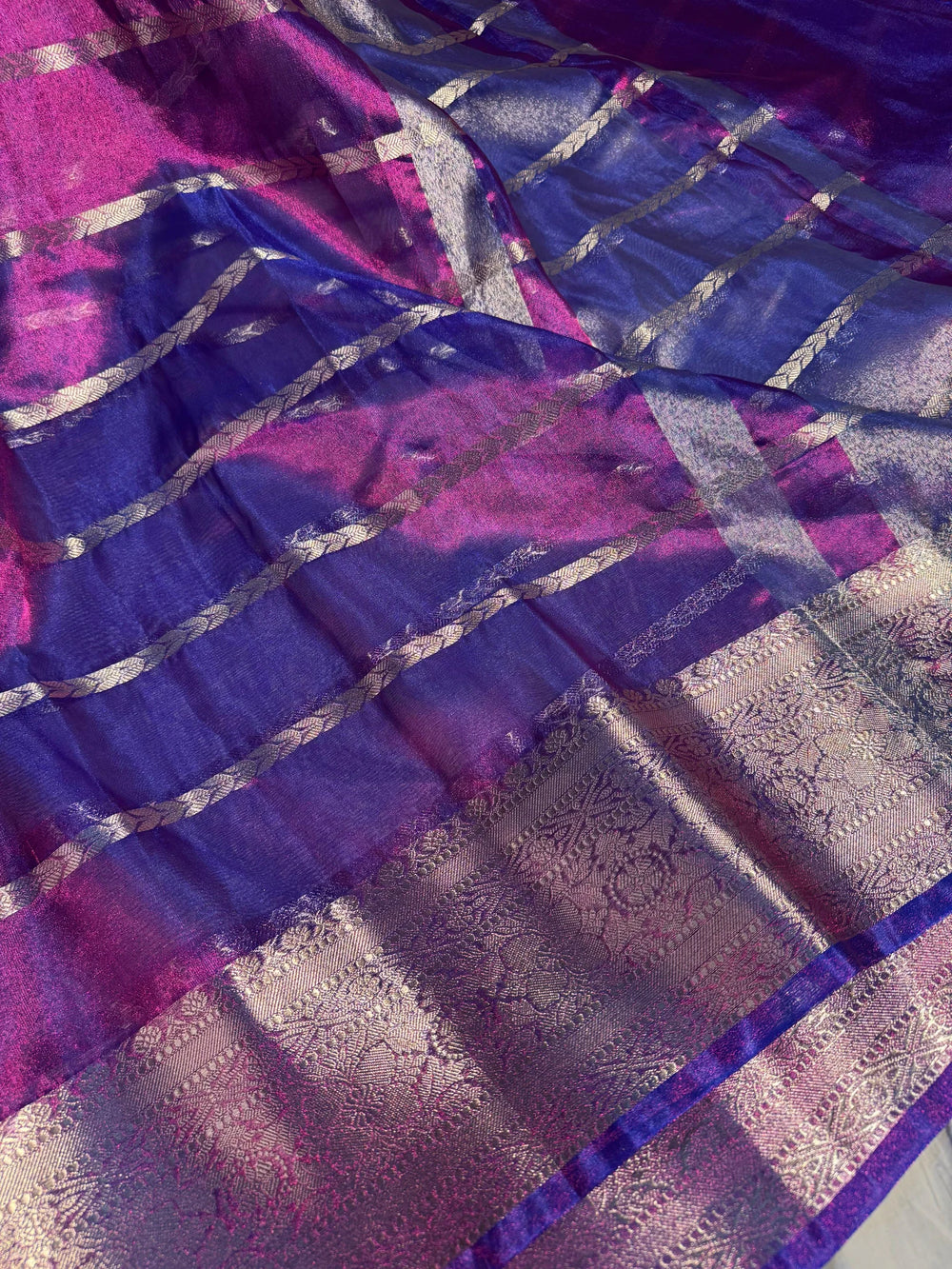 baigani shade premium tissue silk saree with zari pallu and blouse
