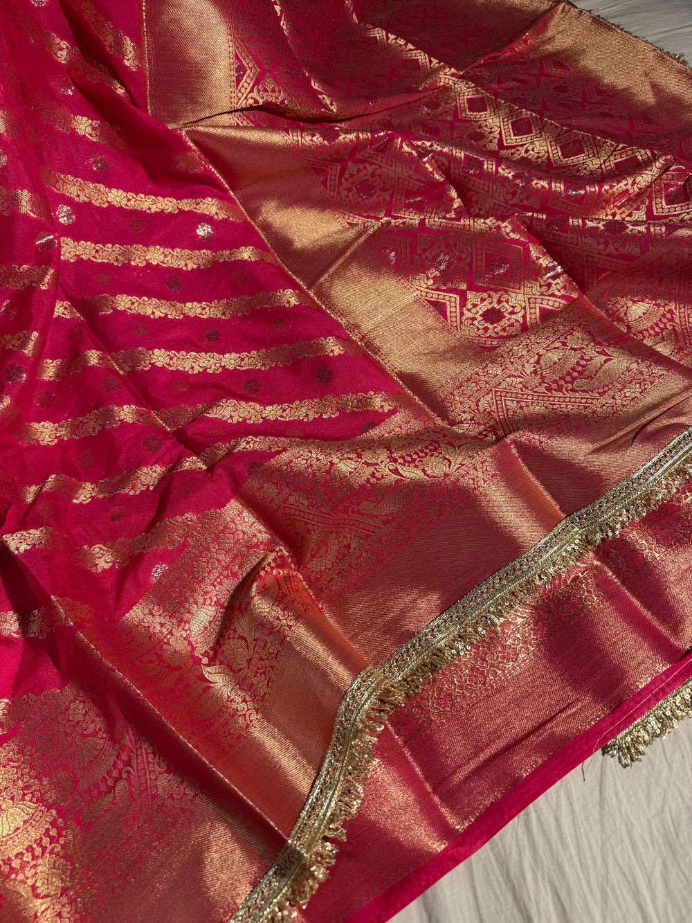 banarasi georgette silk saree with silver meena work and lace work