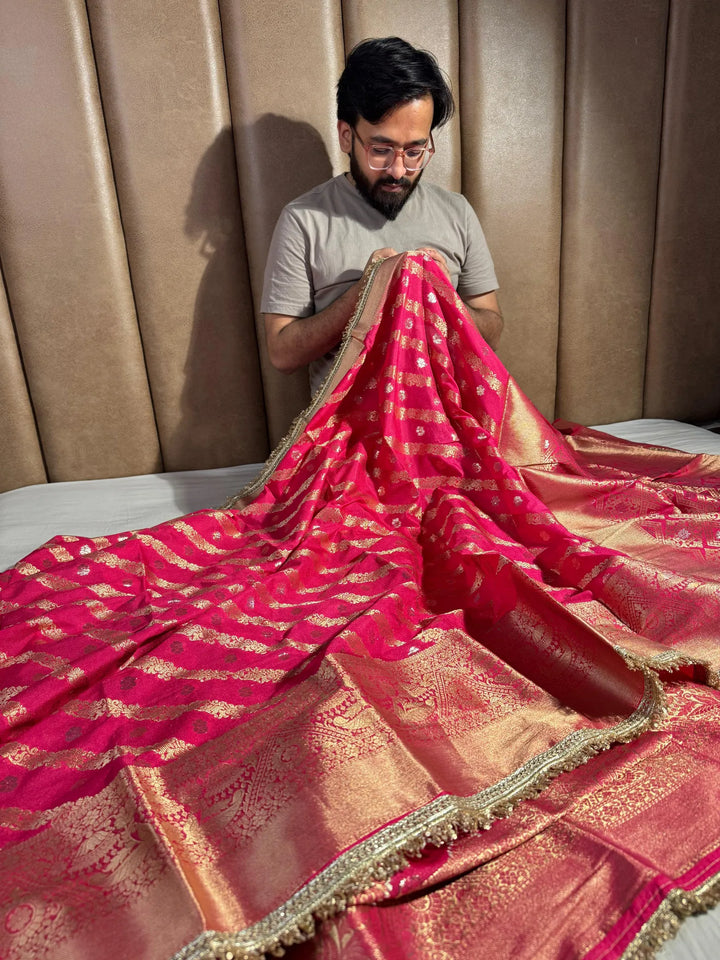 banarasi georgette silk saree with silver meena work and lace work