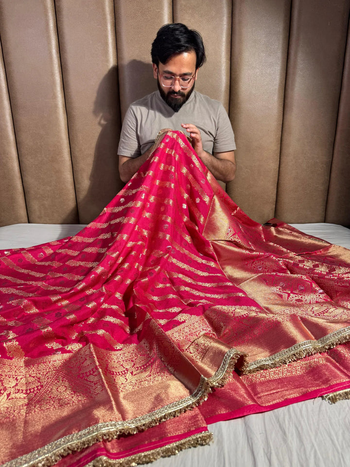 banarasi georgette silk saree with silver meena work and lace work