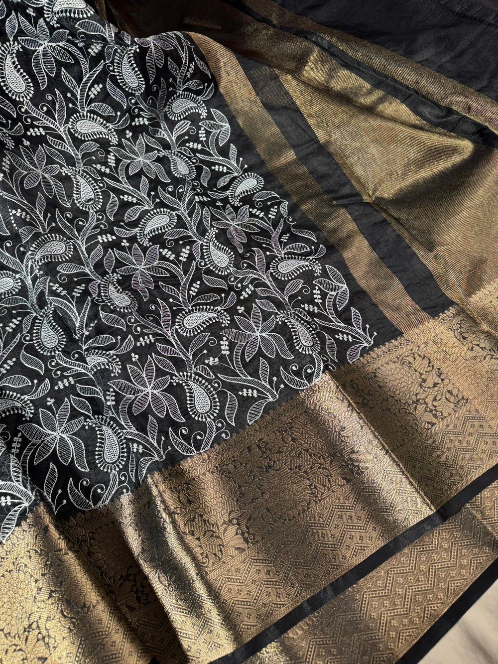banarasi organza chikankari saree with zari pallu and rich texture borde