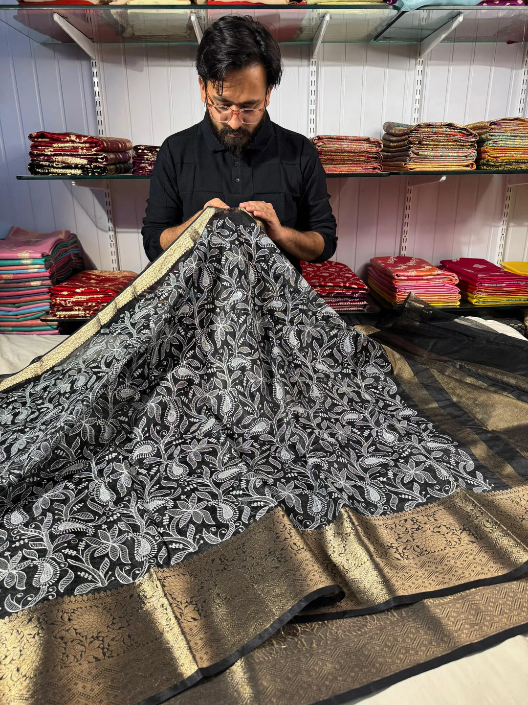 banarasi organza chikankari saree with zari pallu and rich texture borde