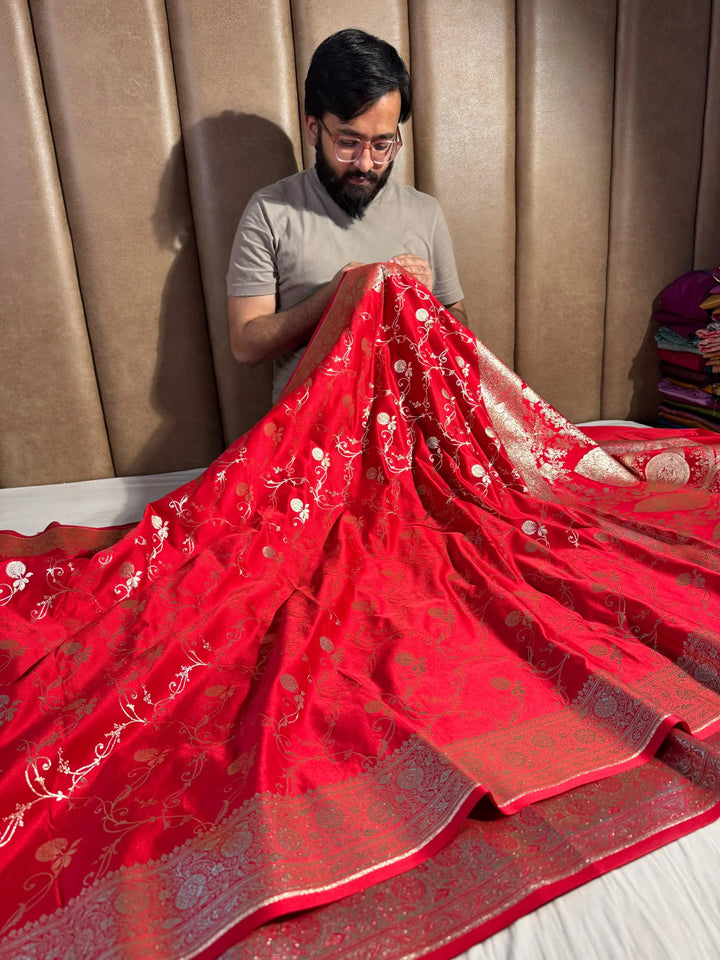 banarasi satin silk saree with rich texture design and classical pallu