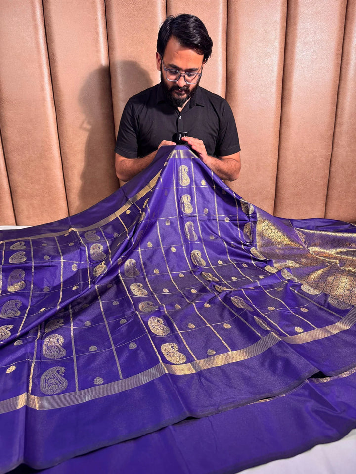 Purple banarasi semi katan silk saree with rich pallu and blouse