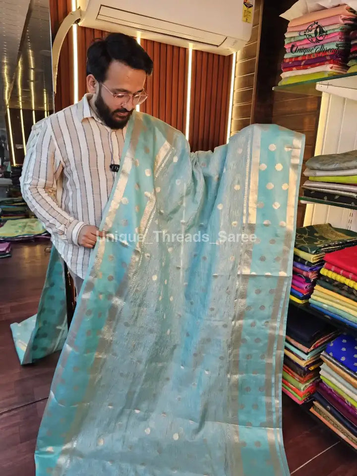 Blue Celebrity Inspired Tissue Silk Buti Banarasi Saree