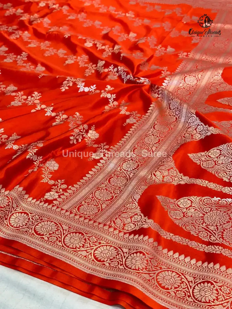 Bright Orange Mashru Katan Silk Leheriya Weave Banarasi Saree