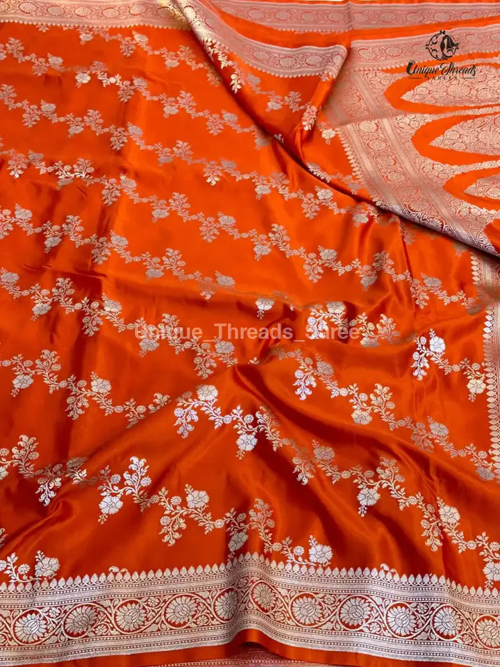 Bright Orange Mashru Katan Silk Leheriya Weave Banarasi Saree