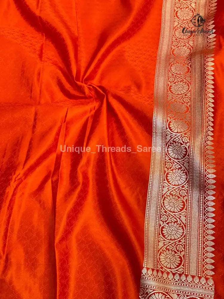 Bright Orange Mashru Katan Silk Leheriya Weave Banarasi Saree