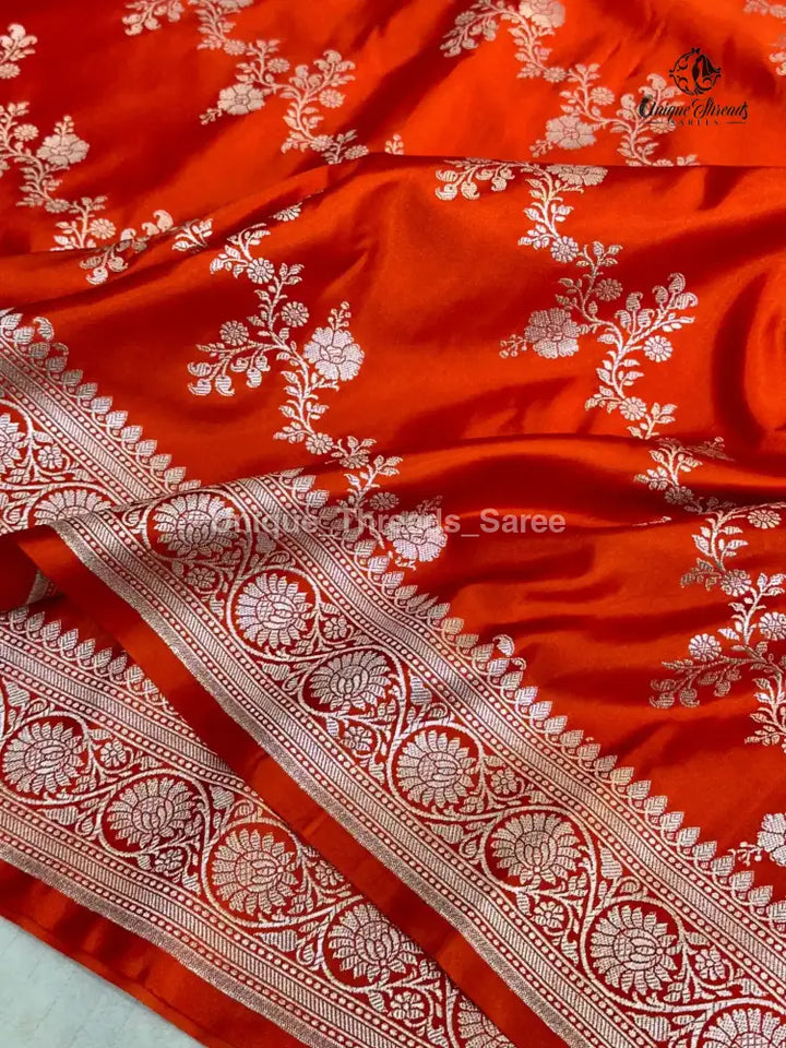 Bright Orange Mashru Katan Silk Leheriya Weave Banarasi Saree