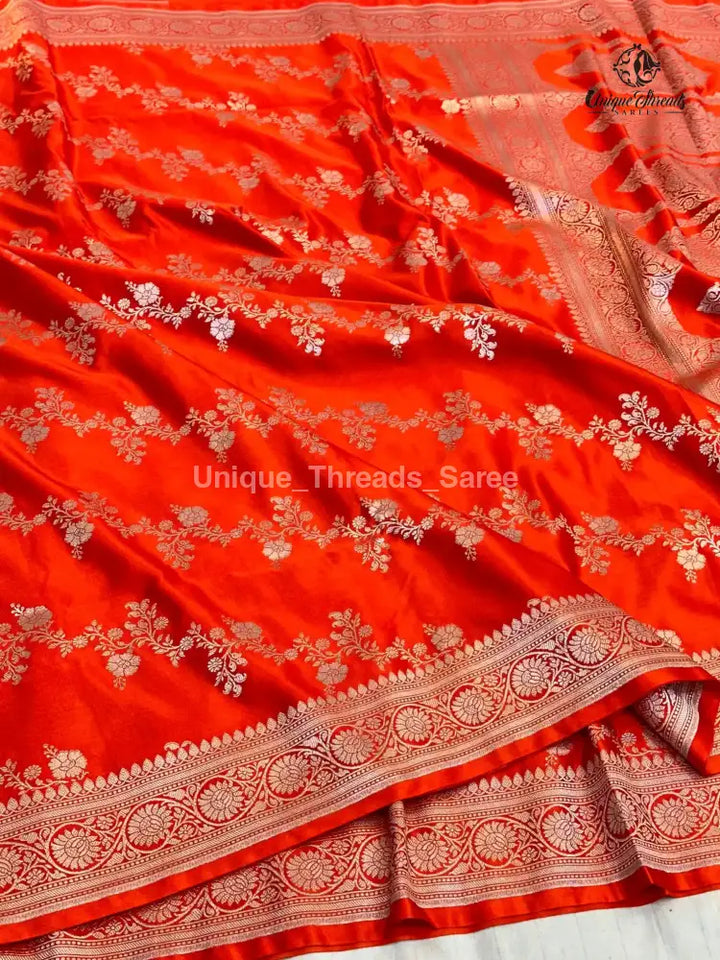 Bright Orange Mashru Katan Silk Leheriya Weave Banarasi Saree