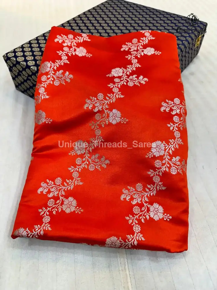 Bright Orange Mashru Katan Silk Leheriya Weave Banarasi Saree