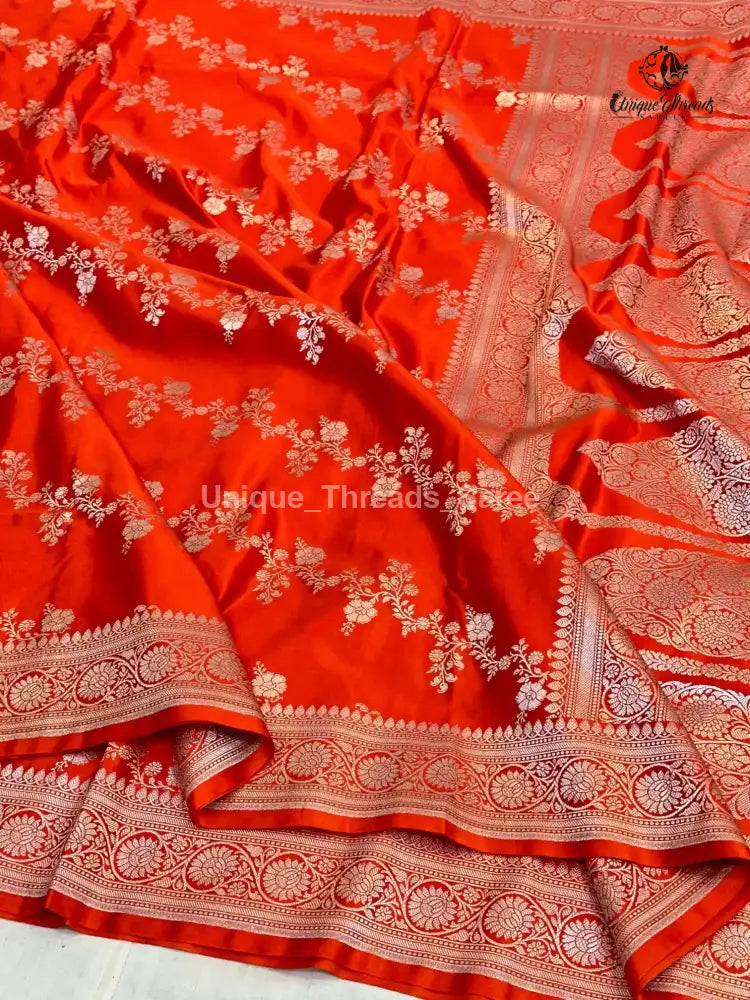 Bright Orange Mashru Katan Silk Leheriya Weave Banarasi Saree