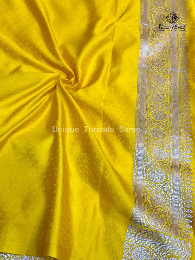 Bright Yellow Mashru Katan Silk Leheriya Weave Banarasi Saree