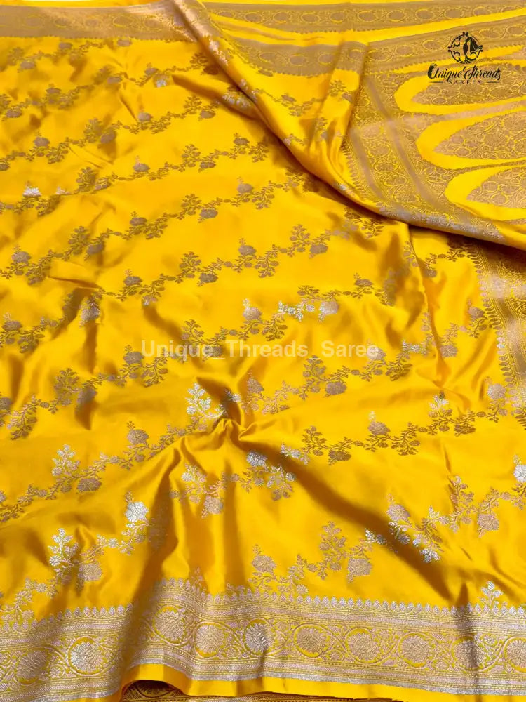 Bright Yellow Mashru Katan Silk Leheriya Weave Banarasi Saree