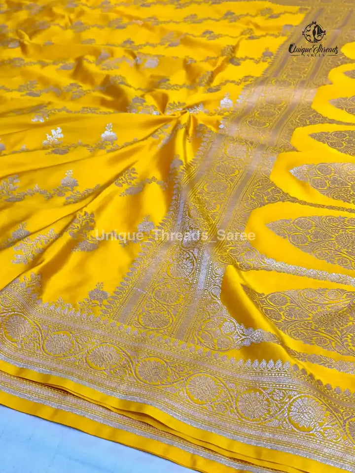 Bright Yellow Mashru Katan Silk Leheriya Weave Banarasi Saree