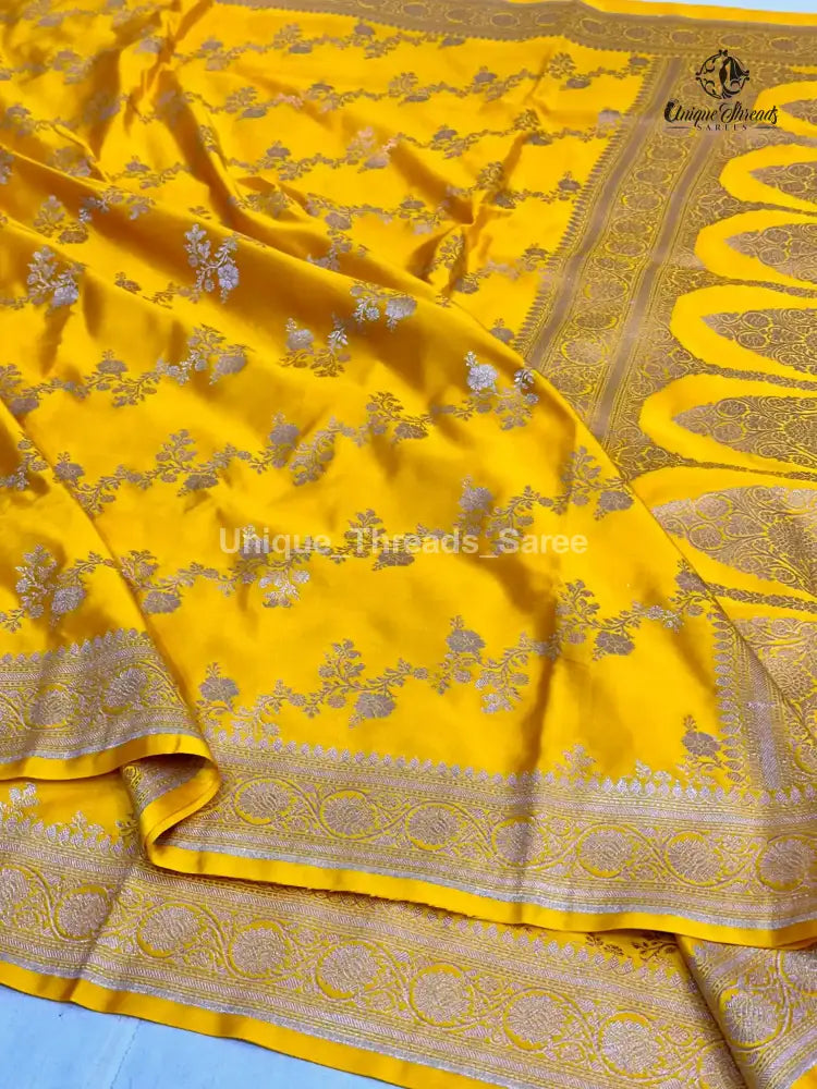 Bright Yellow Mashru Katan Silk Leheriya Weave Banarasi Saree