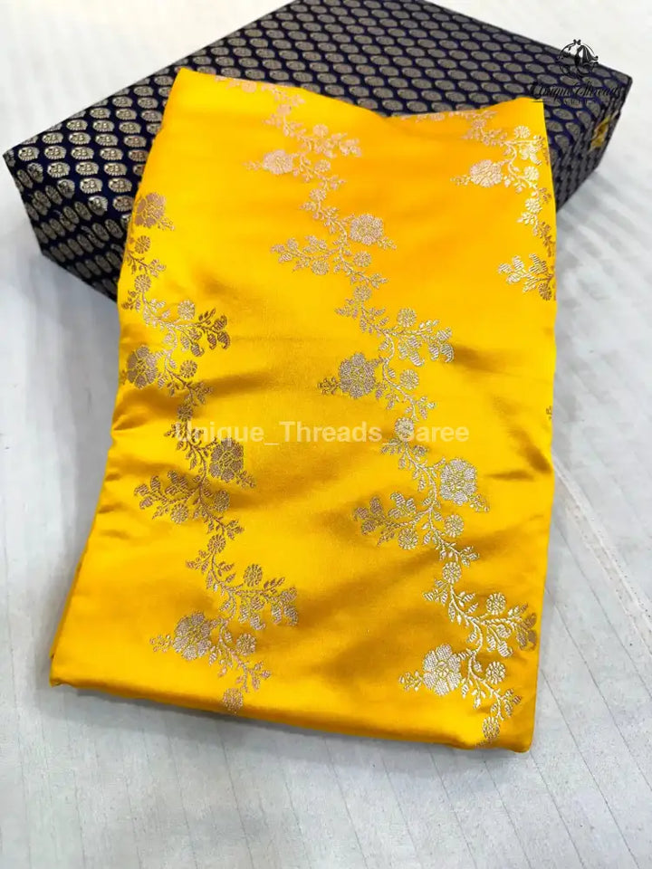 Bright Yellow Mashru Katan Silk Leheriya Weave Banarasi Saree