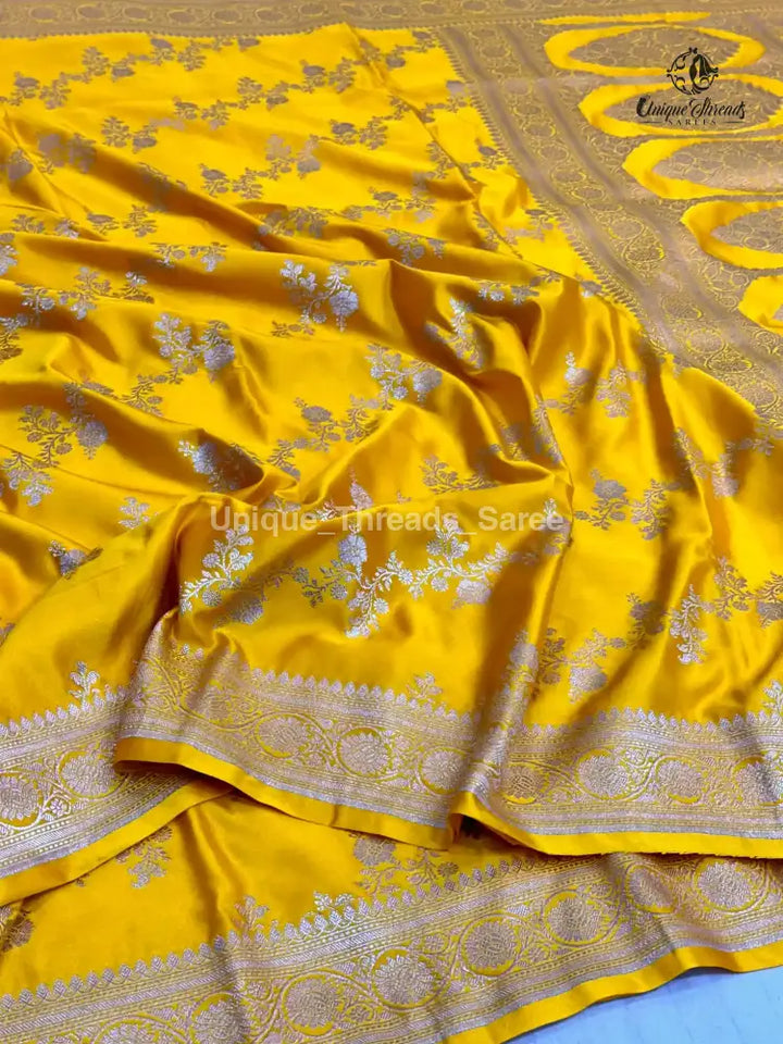 Bright Yellow Mashru Katan Silk Leheriya Weave Banarasi Saree