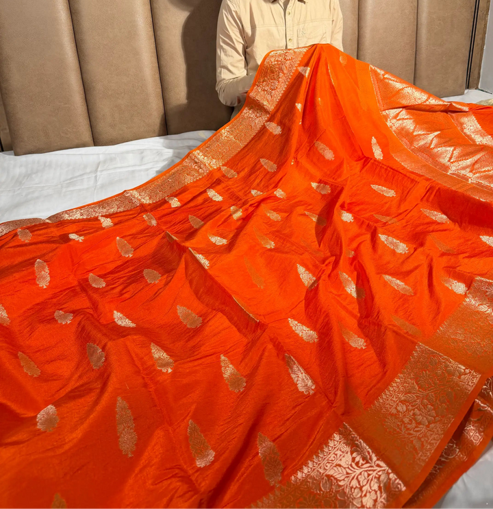 Bright Orange Traditional Chinia Silk Banarasi Saree
