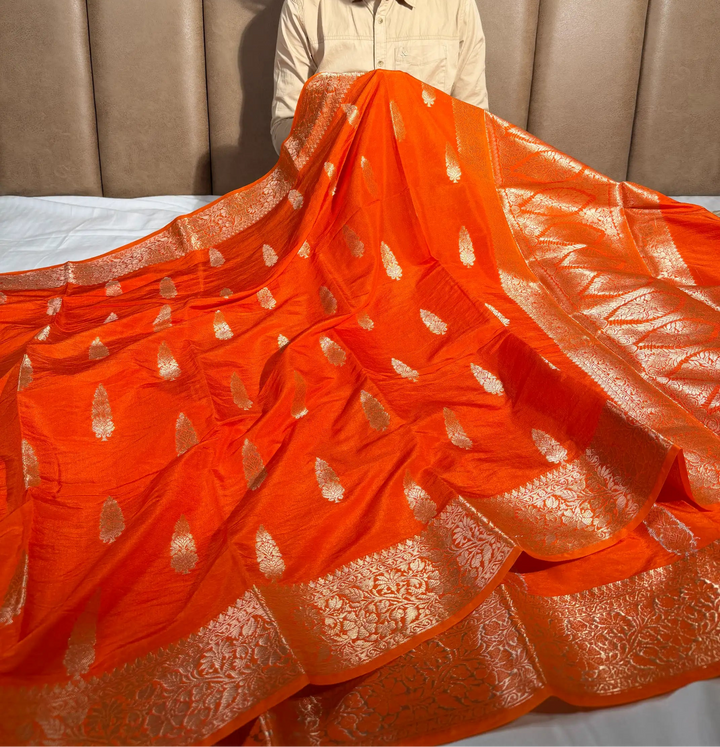 Bright Orange Traditional Chinia Silk Banarasi Saree
