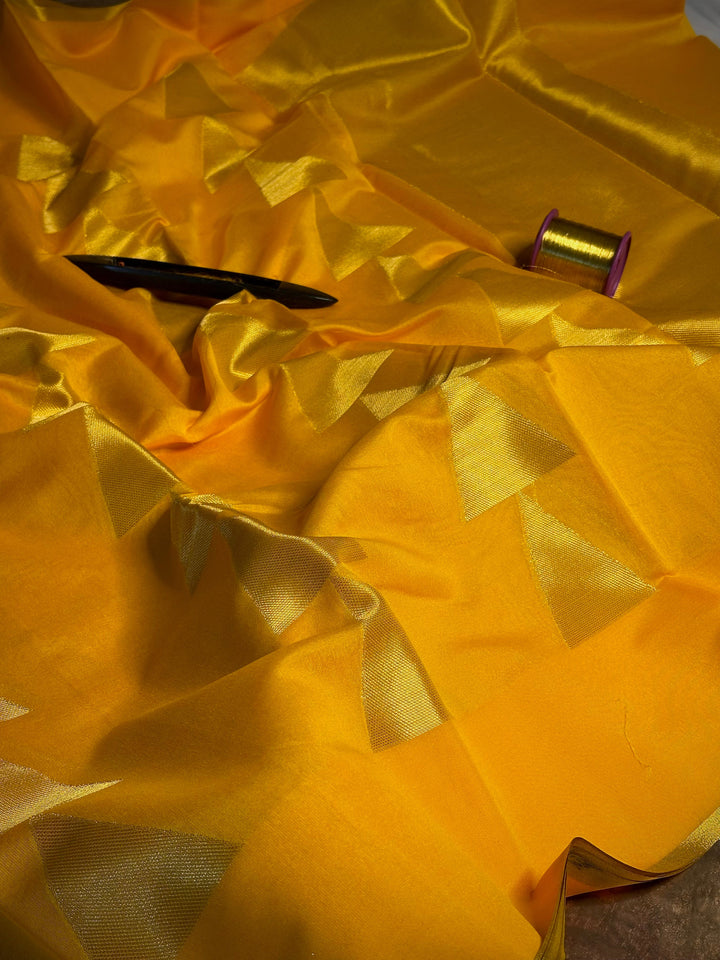 Bright Yellow Temple Jacquard Softsilk Banarasi Saree