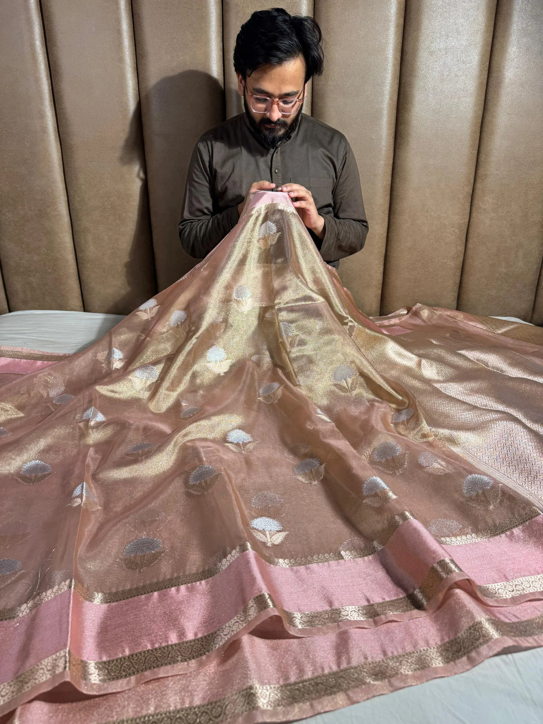 celebrity inspired baby pink shade tissue silk saree with rich pallu and blouse