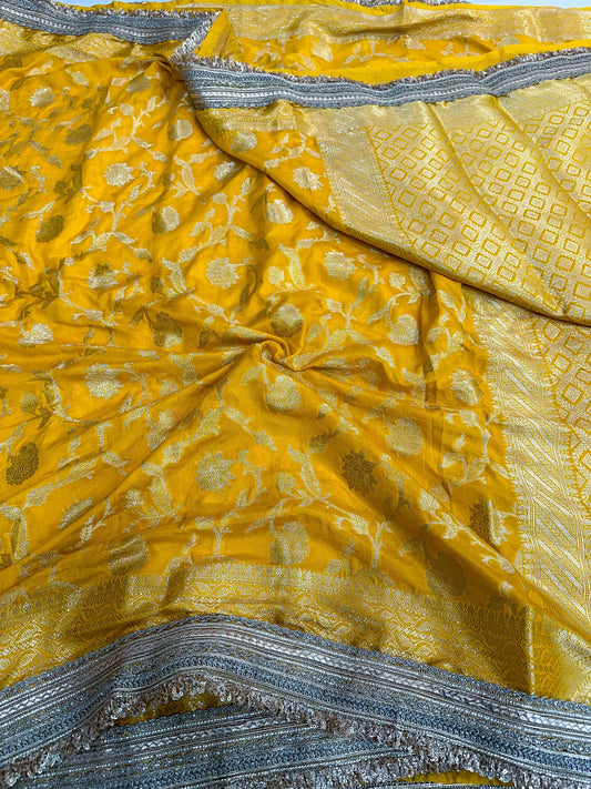 Bright Yellow Crepe Georgette Exclusive Banarasi Saree