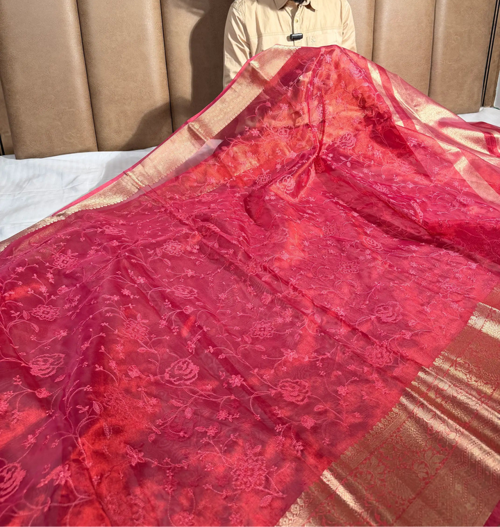 Dhoop Chaon Strawberry Kora Tissue Knitted Embroidery Saree