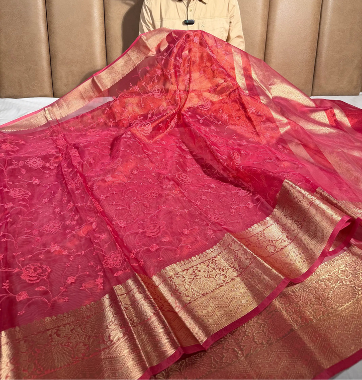 Dhoop Chaon Strawberry Kora Tissue Knitted Embroidery Saree