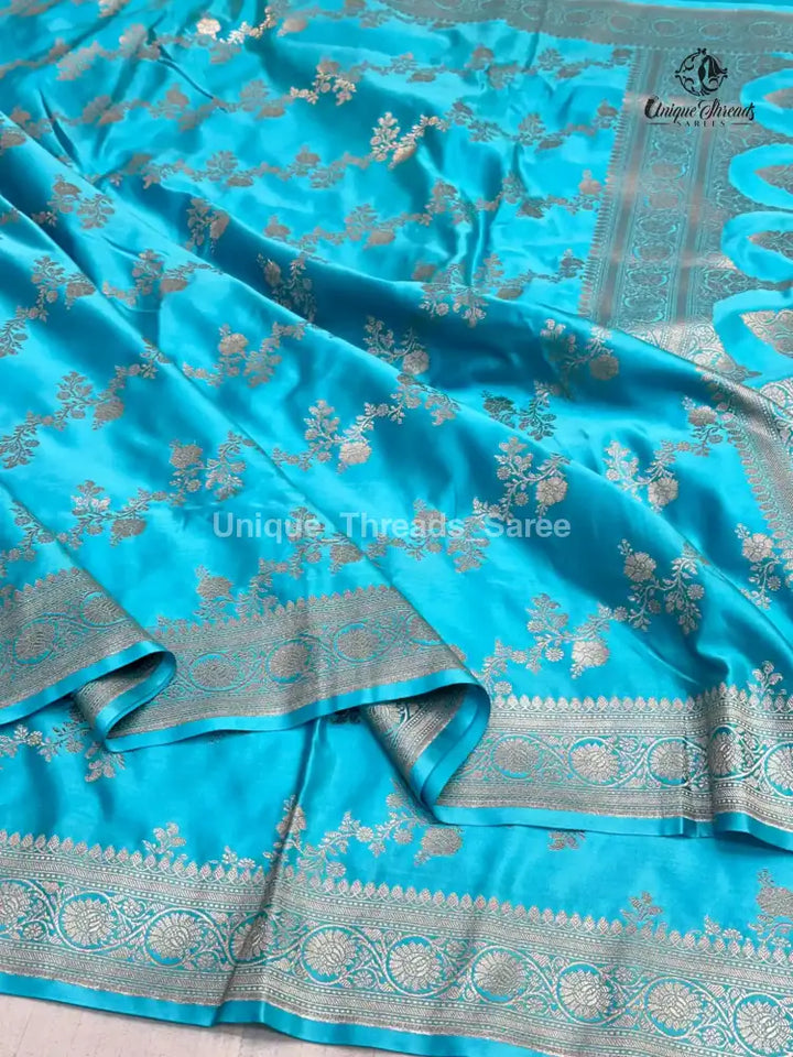 Firozi Blue Mashru Katan Silk Leheriya Weave Banarasi Saree