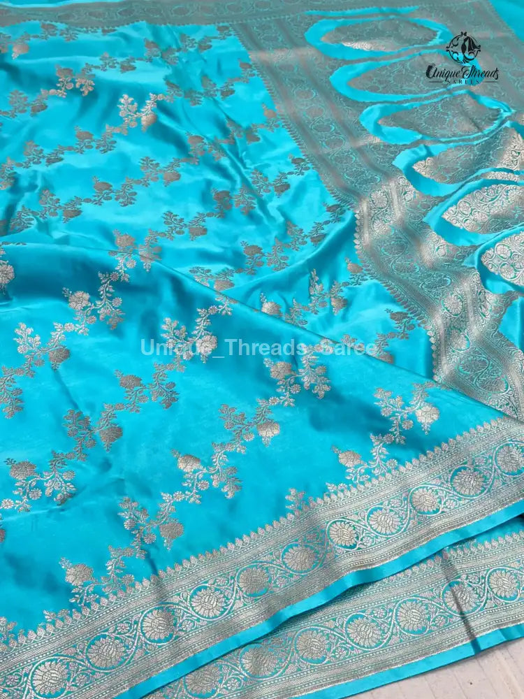 Firozi Blue Mashru Katan Silk Leheriya Weave Banarasi Saree