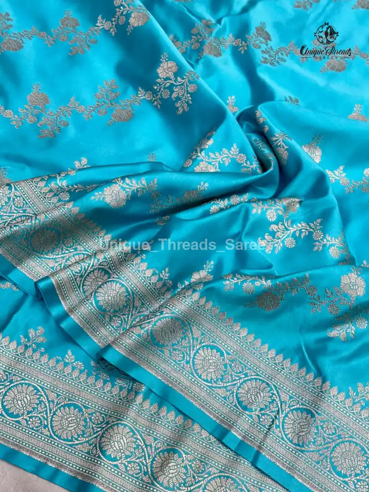 Firozi Blue Mashru Katan Silk Leheriya Weave Banarasi Saree