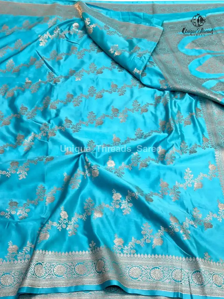 Firozi Blue Mashru Katan Silk Leheriya Weave Banarasi Saree