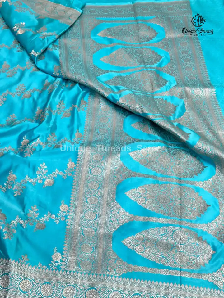 Firozi Blue Mashru Katan Silk Leheriya Weave Banarasi Saree