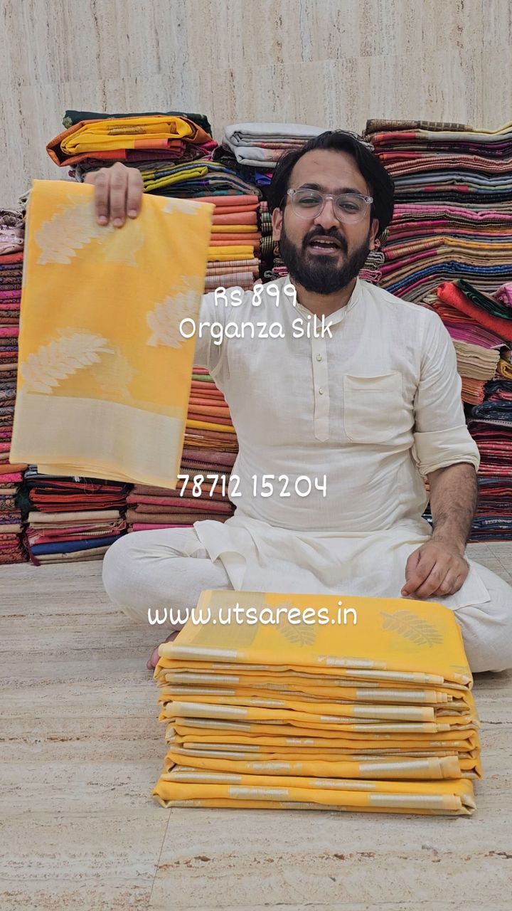 Lemon Yellow Organza Silk Saree