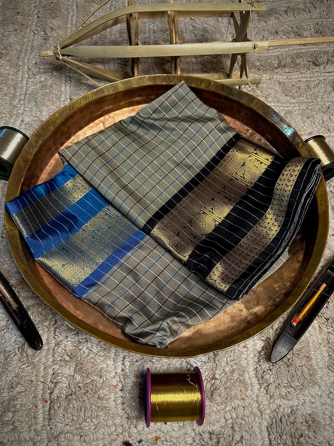 Grey Checks Color Border Soft Saree