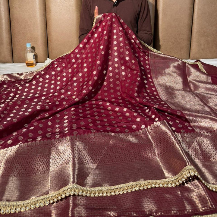 Dark Maroon Chinia Silk Lace Work Banarasi Saree