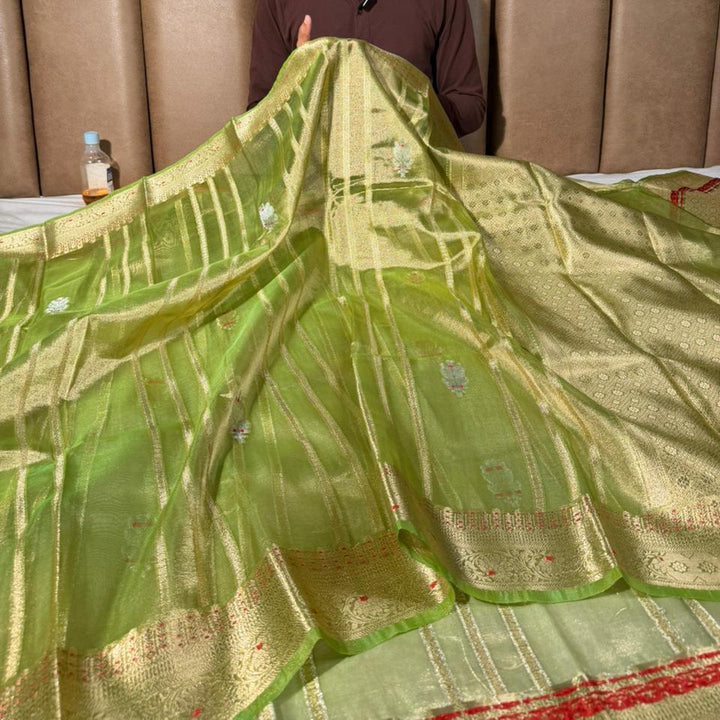 Parrot Green Meenakari Kora Tissue Banarasi Saree