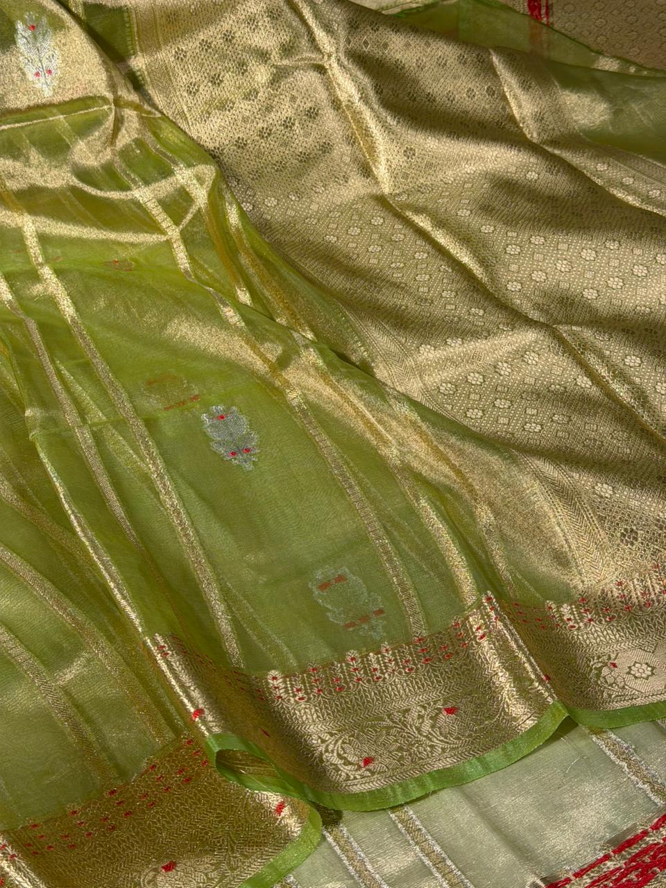 Parrot Green Meenakari Kora Tissue Banarasi Saree