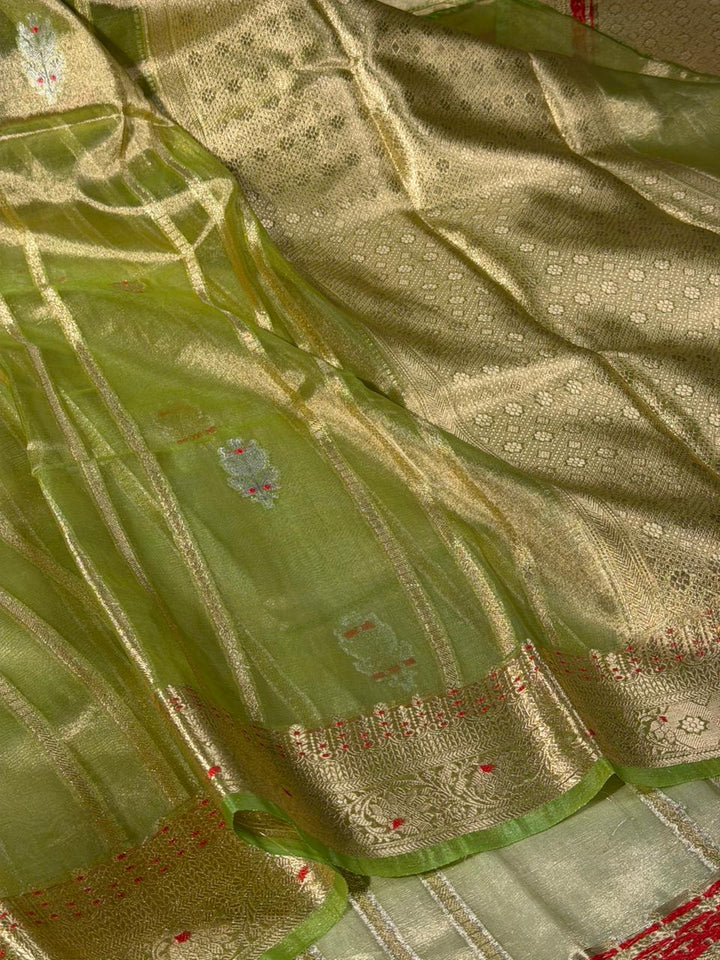 Parrot Green Meenakari Kora Tissue Banarasi Saree
