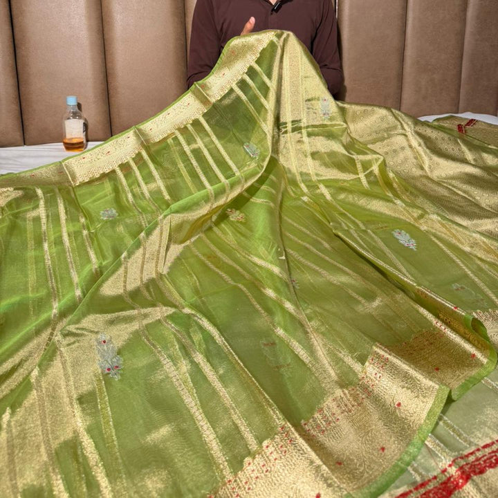 Parrot Green Meenakari Kora Tissue Banarasi Saree