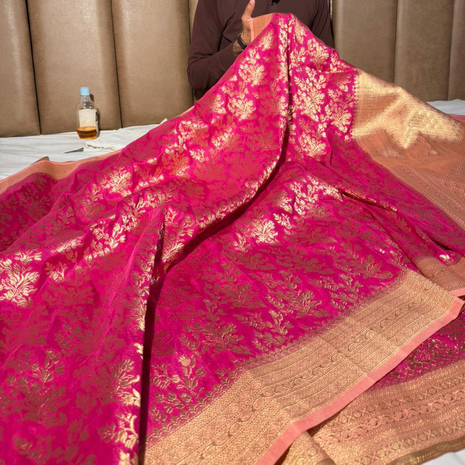 Rani Pink Grand Jaal Weave Soft Georgette Banarasi Saree